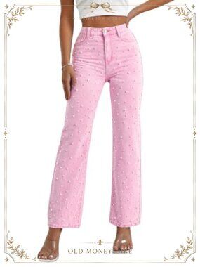 High Waisted Straight Leg Pearl Embellished Stretch Denim Jeans